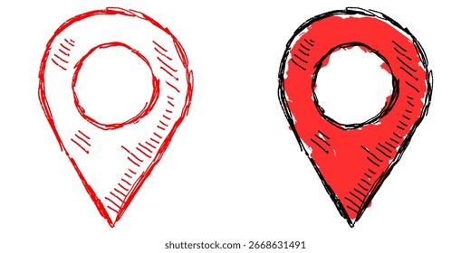 Grunge sketch location pin vector for navigation, places, and direction with a raw, artistic feel. Ideal for illustrating maps, finding locations, and creative concepts.
