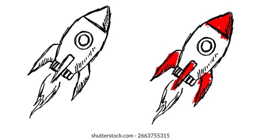 Grunge sketch rocket vector for launch, startup, and progress with a raw, artistic feel. Perfect for illustrating business growth, space travel, and creative concepts.