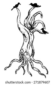 Grunge sketch of a stylized dead tree, hand drawn illustration.