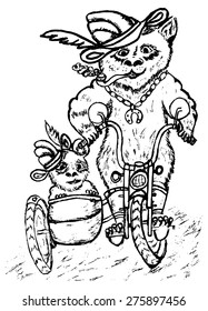 Grunge sketch of two pandas on motorcycle, hand drawn illustration.