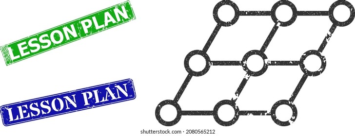 Grunge Skewed Grid Icon And Rectangular Rubber Lesson Plan Seal. Vector Green Lesson Plan And Blue Lesson Plan Watermarks With Grunge Rubber Texture, Designed For Skewed Grid Illustration.
