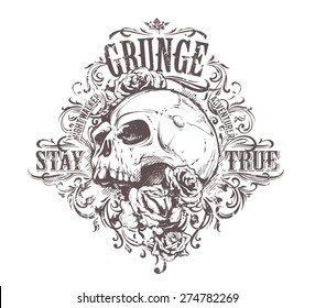 Grunge skull art. Vintage floral pattern. Grunge print. Vector art.