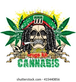 grunge skull with cannabis leaf coat of arms