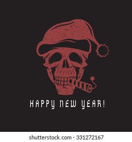 grunge skull with a cracker in his mouth and a Santa Claus hat