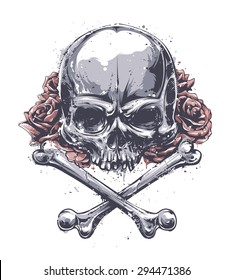 Grunge skull with crossed bones and roses. Vector art. 