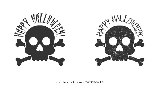 Icono del cráneo de Grunge con texto feliz de halloween. Ilustración vectorial plana.