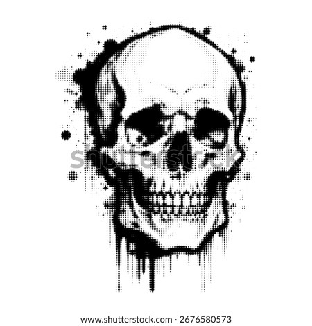 Grunge skull illustration with halftone effect and dripping ink style. Dark horror design for Halloween, tattoo, poster, or gothic art.