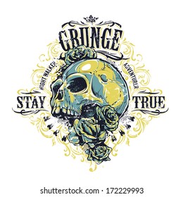 Grunge skull with roses and floral patterns. Vintage print. Vector illustration.