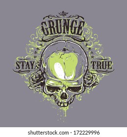 Grunge skull with roses and floral patterns. Stay true vintage print. Vector illustration.
