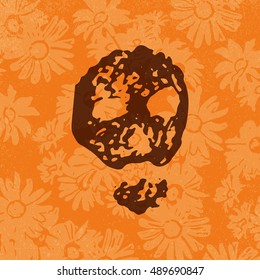 Grunge skull silhouette on a background of garden flowers