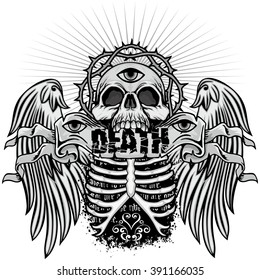 grunge skull with thorax and wings coat of arms