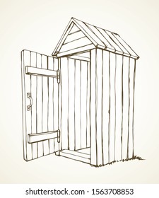 Grunge small hillbilly privy pee cubicle stall set on light paper text space. Outline brown ink hand drawn camp poop waste hygiene poo logo pictogram in art ancient doodle style. Close up line view