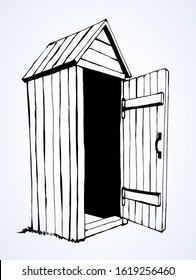 Grunge small hillbilly privy pee cubicle stall set on light paper text space. Outline brown ink hand drawn camp poop waste hygiene poo logo pictogram in art ancient doodle style. Close up line view