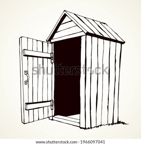 Grunge small hillbilly privy pee cubicle stall set on light paper text space. Outline brown ink hand drawn camp poop waste hygiene poo logo pictogram in art ancient doodle style. Close up line view