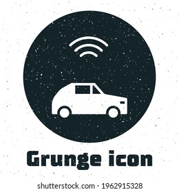 Grunge Smart car system with wireless connection icon isolated on white background. Monochrome vintage drawing. Vector