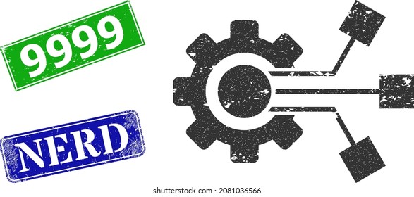 Grunge smart component icon and rectangle scratched 9999 seal. Vector green 9999 and blue Nerd imprints with scratched rubber texture, designed for smart component illustration.
