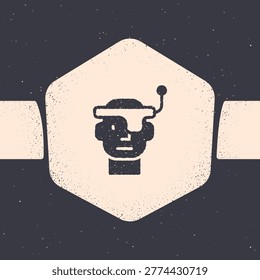 Grunge Smart glasses mounted on spectacles icon isolated on grey background. Wearable electronics smart glasses with camera and display. Monochrome vintage drawing. Vector