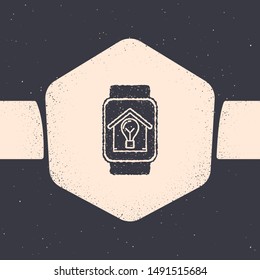 Grunge Smart watch with smart house and light bulb icon isolated on grey background. Monochrome vintage drawing. Vector Illustration