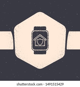 Grunge Smart watch with house under protection icon isolated on grey background. Protection, safety, security, protect, defense concept. Monochrome vintage drawing. Vector Illustration
