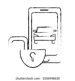 grunge smartphone with car and open padlock security