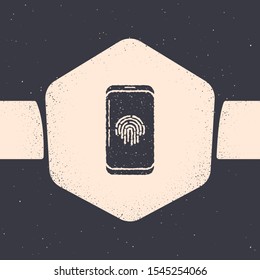 Grunge Smartphone with fingerprint scanner icon isolated on grey background. Concept of security, personal access via finger on mobile phone. Monochrome vintage drawing. Vector Illustration