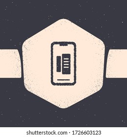 Grunge Smartphone, mobile phone icon isolated on grey background. Monochrome vintage drawing. Vector Illustration