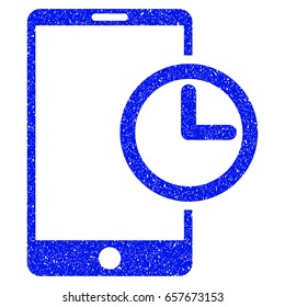 Grunge Smartphone Time icon with grunge design and dust texture. Unclean vector blue pictogram for rubber seal stamp imitations and watermarks. Draft sticker symbol.