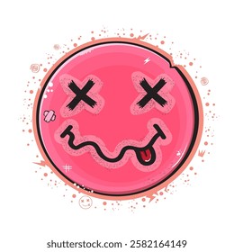 Grunge smile pink sticker isolated on white. Grunge face png sticker and t shirt print. Rock star sign, symbol and icon with funky face