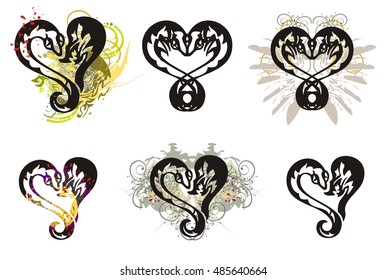 Grunge snake and dragon hearts. Vector set of Saint Valentines day of the stylized hearts of the coiling snake and the head of a dragon