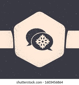 Grunge Snowflake with speech bubble icon isolated on grey background. Merry Christmas and Happy New Year. Monochrome vintage drawing. Vector Illustration