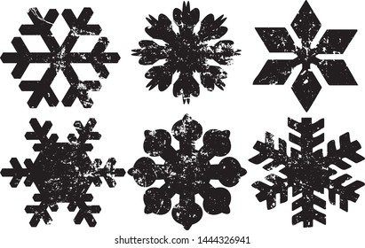 Grunge Snowflakes Stamps Collection. Can be used as Banners, Insignias or Badges. Vector Distressed Textures Set. Blank Geometric Shapes. Vector Illustration. Isolated on white background. EPS10.