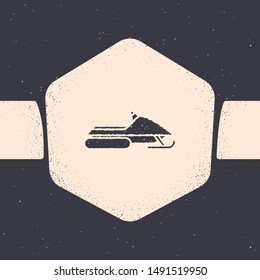 Grunge Snowmobile icon isolated on grey background. Snowmobiling sign. Extreme sport. Monochrome vintage drawing. Vector Illustration