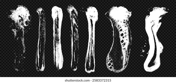 Grunge soap foam set with texture overlay. Wash sponge bubbles and shampoo smear. Liquid detergent drops on clean glass at the transparent background.