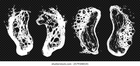 Grunge soap foam stain set with overlay texture at the transparent background. Shampoo wash with sponge bubbles and soapy liquid detergent.