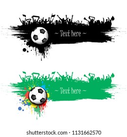 Grunge soccer background. Soccer ball and football fans. Grunge banner with splashes of ink. Vector illustration