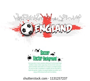 Grunge soccer background. Flag of England and football fans. Grunge banner with splashes of ink. Vector illustration