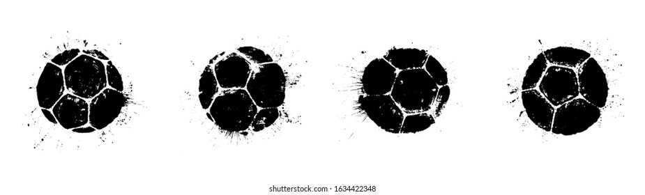 Grunge soccer ball abstract silhouettes set. Vector illustration of real soccer ball prints with splashes for your football poster, flyer or banner design