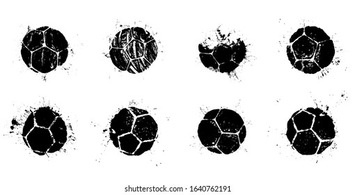 Grunge soccer balls set. Vector illustration of real soccer ball prints with splashes for your football poster, flyer or banner design