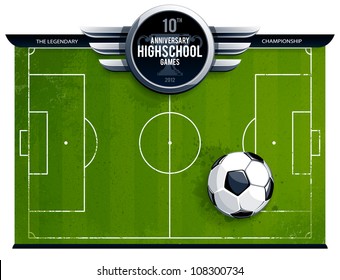 Grunge soccer field with ball and cirle metallic banner for your announcement . Vector illustration.