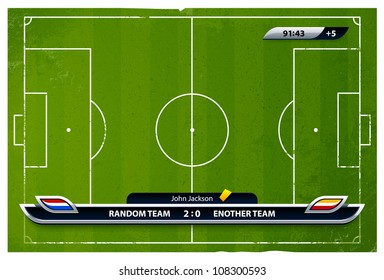 Grunge soccer playing field with statistics elements. Vector illustration.