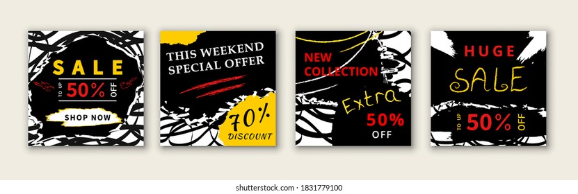 Grunge social media post template set. Sale and discount web banner design. Suitable for social media posts, mobile apps, posters and internet ads