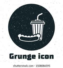 Grunge Soda and hotdog icon isolated on white background. Fast food symbol.  Vector Illustration