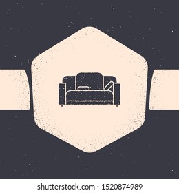 Grunge Sofa icon isolated on grey background. Monochrome vintage drawing. Vector Illustration