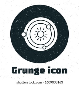 Grunge Solar system icon isolated on white background. The planets revolve around the star.  Vector Illustration