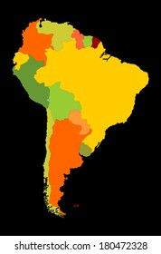 Grunge South America vector map with separated countries isolated on black background. 