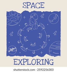 Grunge Space Exploration poster cover template design. Whimsical torn paper with Astronaut on the moon. Astronautics Day theme. Vector illustration. EPS10