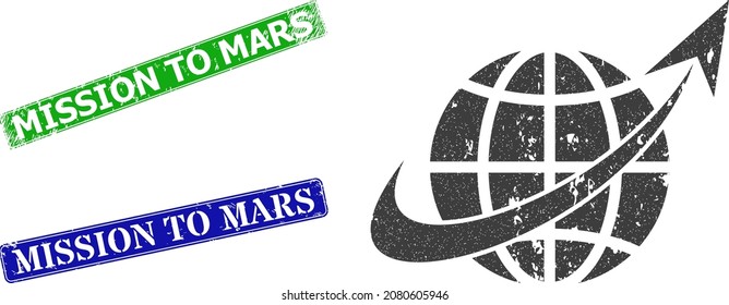 Grunge space orbit icon and rectangle textured Mission to Mars stamp. Vector green Mission to Mars and blue Mission to Mars seals with grunge rubber texture, designed for space orbit illustration.