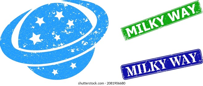 Grunge space planet icon and rectangle corroded Milky Way stamp. Vector green Milky Way and blue Milky Way seals with corroded rubber texture, designed for space planet illustration.