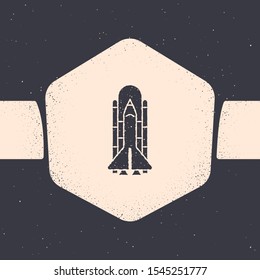Grunge Space shuttle and rockets icon isolated on grey background. Monochrome vintage drawing. Vector Illustration