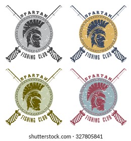 grunge spartan fishing club labels with warrior head